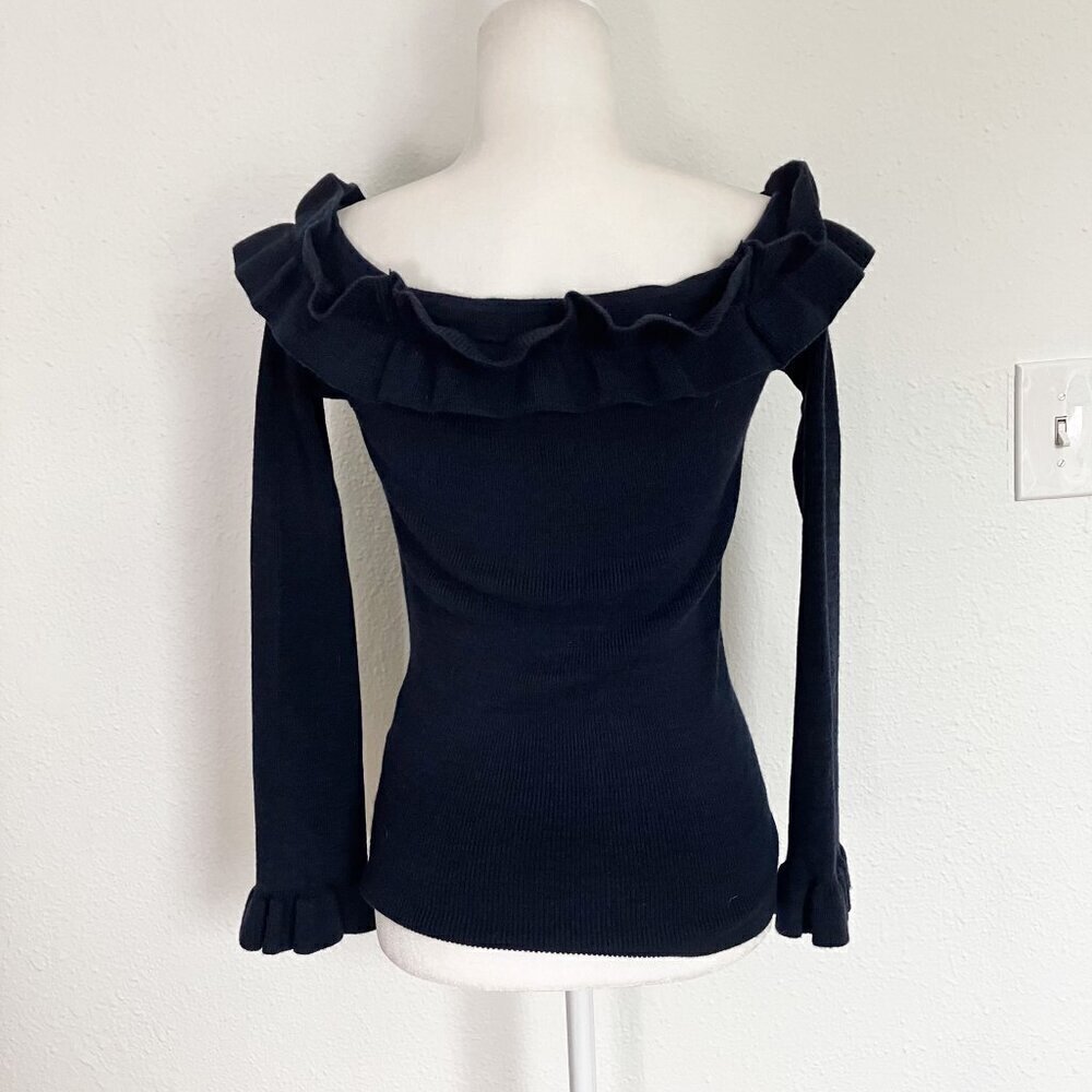 NWT White House Black Market Off the Shoulder Ruffle Navy blue Black sweater - Picture 5 of 12